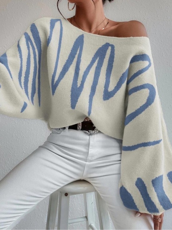 ShopEvelynne Sweaters - ShopEvelynne Cream Off-Shoulder Sweater with Blue Script